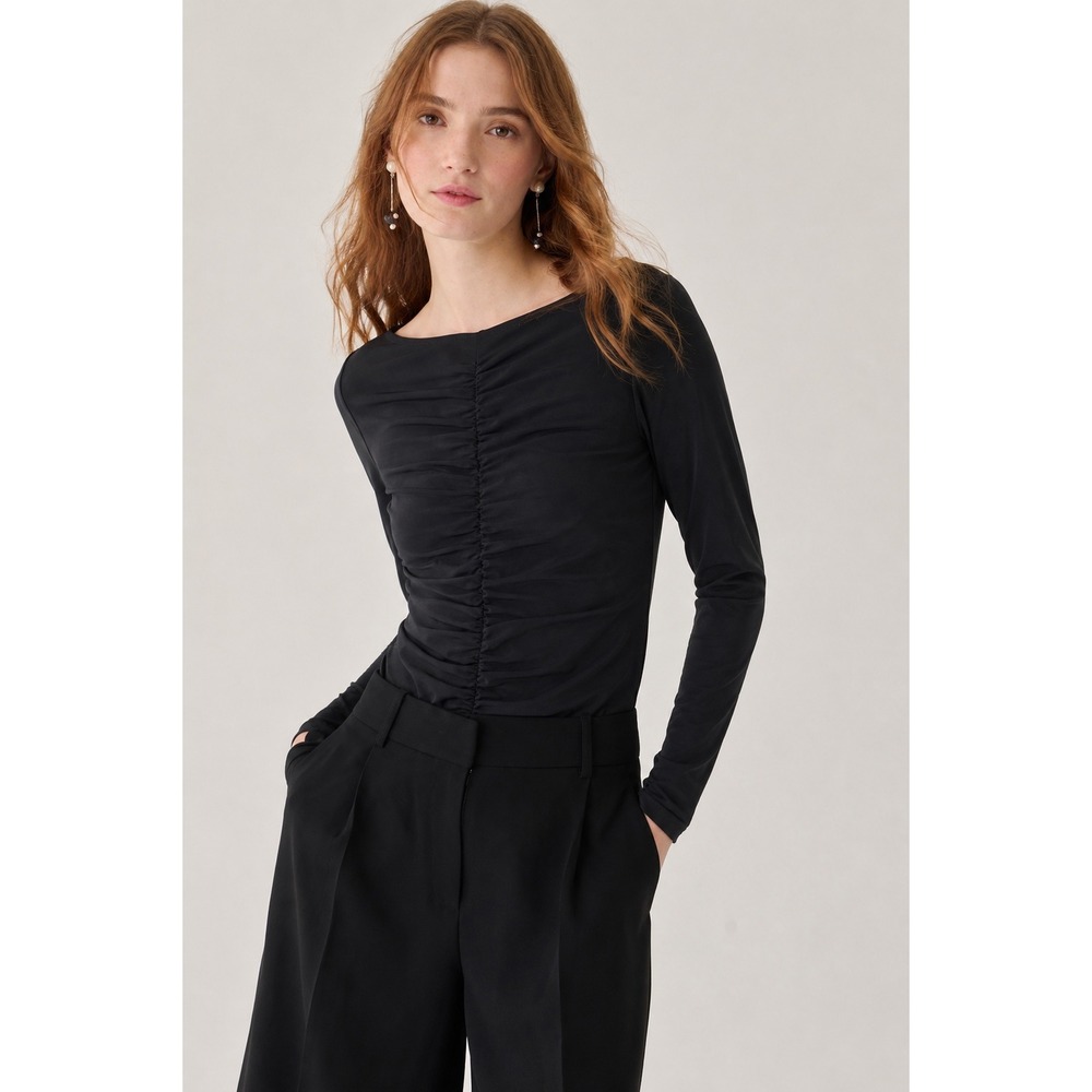 J.Crew Womens Black Ruched Long Sleeve Knit Top Boatneck Size XL BK542